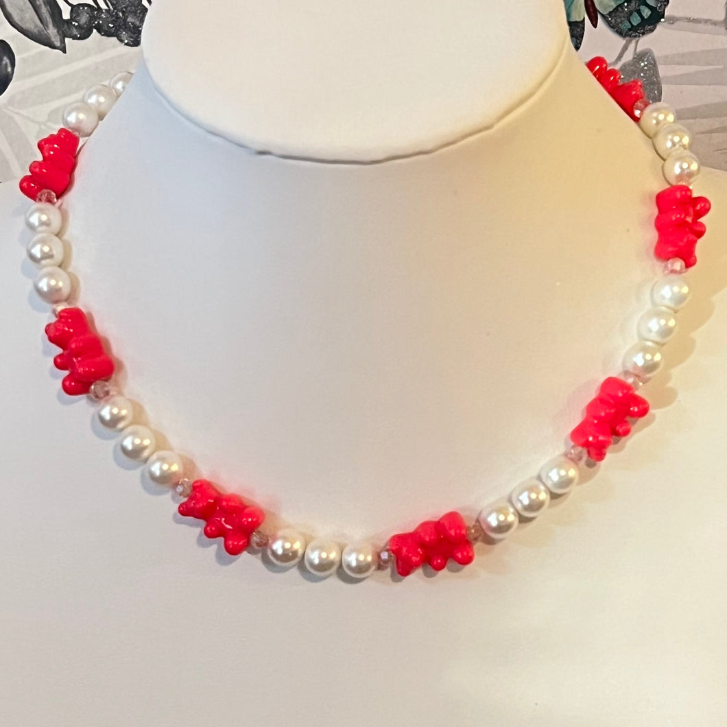 Hot Pink Gummy Bears with White Shell Pearls and Crystals