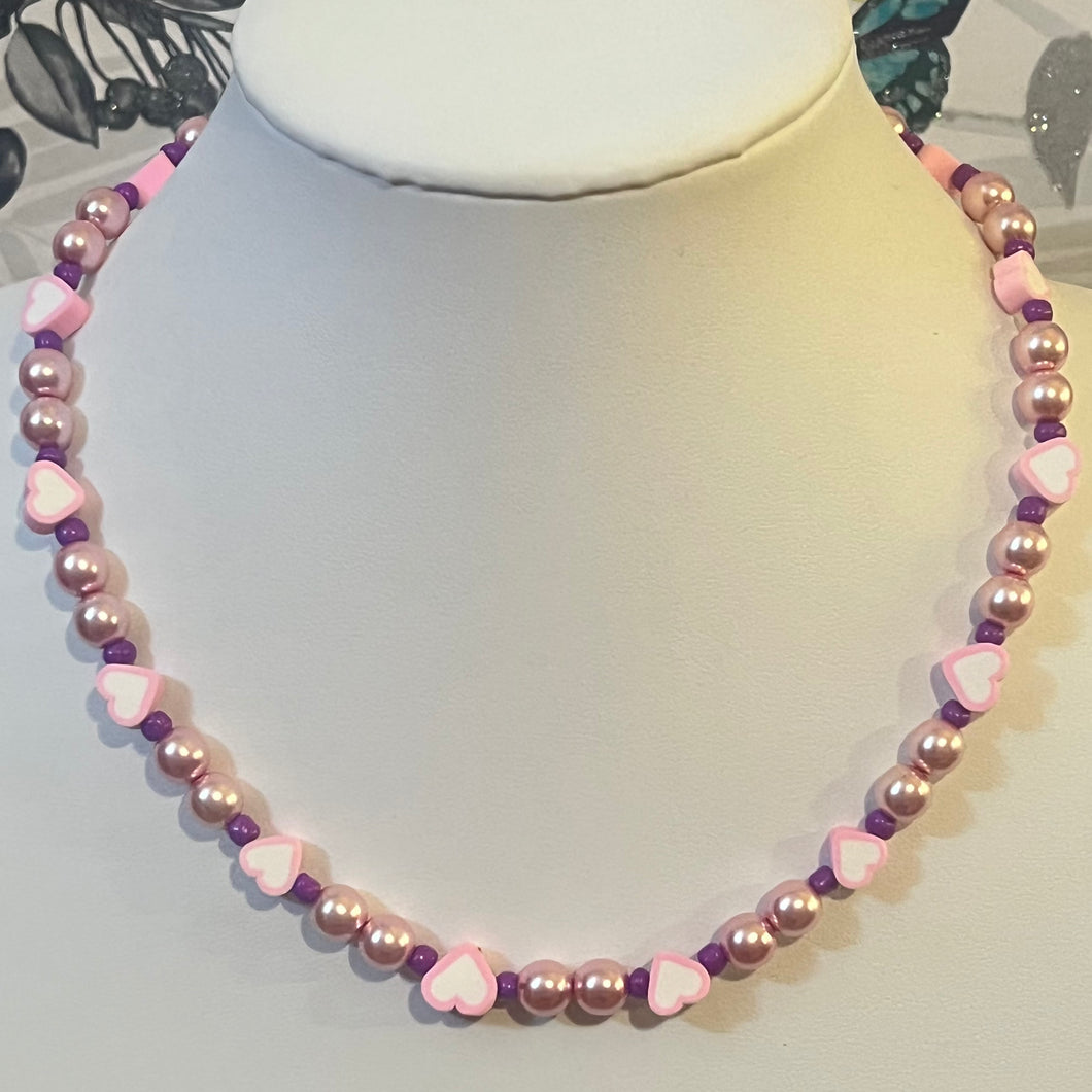 Light Pink and White Hearts with White Shell Pearls and Purple Spacers