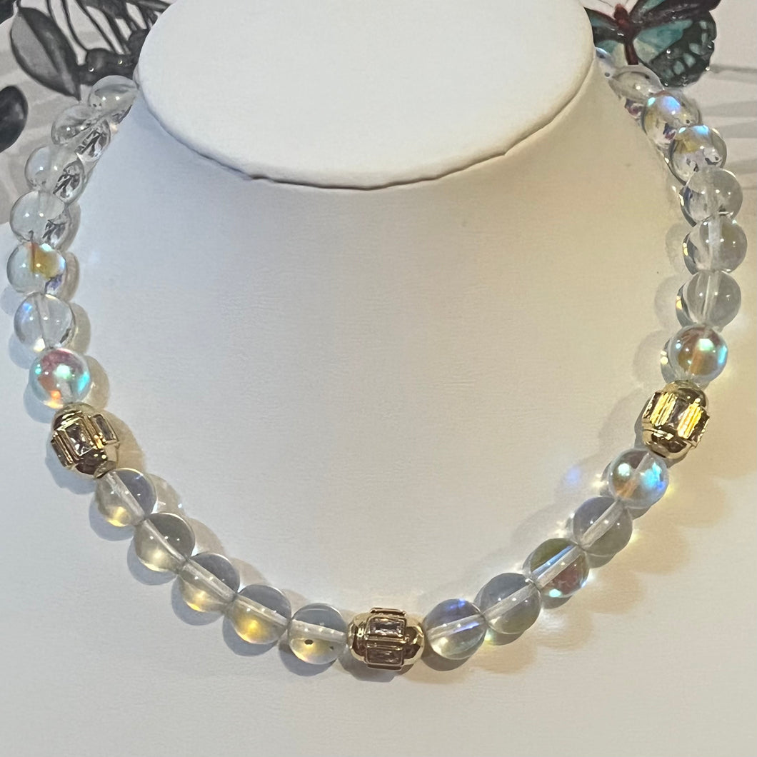 Iridescent Quartz and Gold Pave Pendants